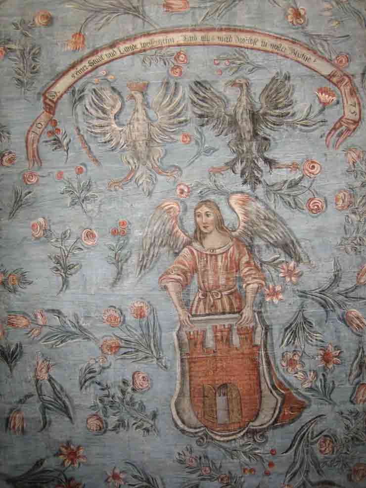 Thorn/Torun, Alter Markt 19/Rynek Staromiejski 19, Obergeschoss, Decke, Blumen, Frau mit Stadtwappen, Inschrift, 1675 (Reimann)